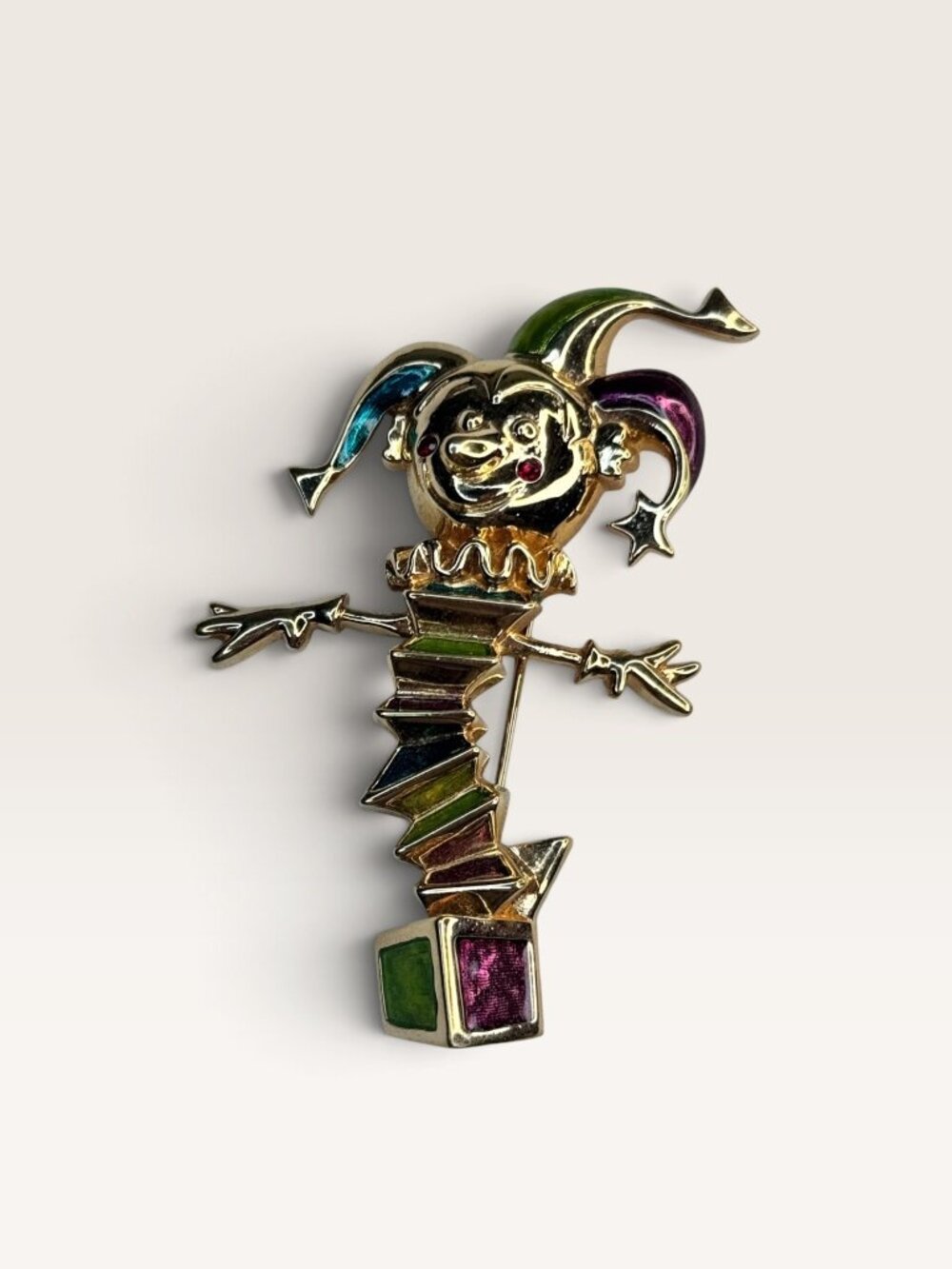 Swarovski Enamel Jack In The Box Jester Clown Brooch Pin Signed Vintage 90s